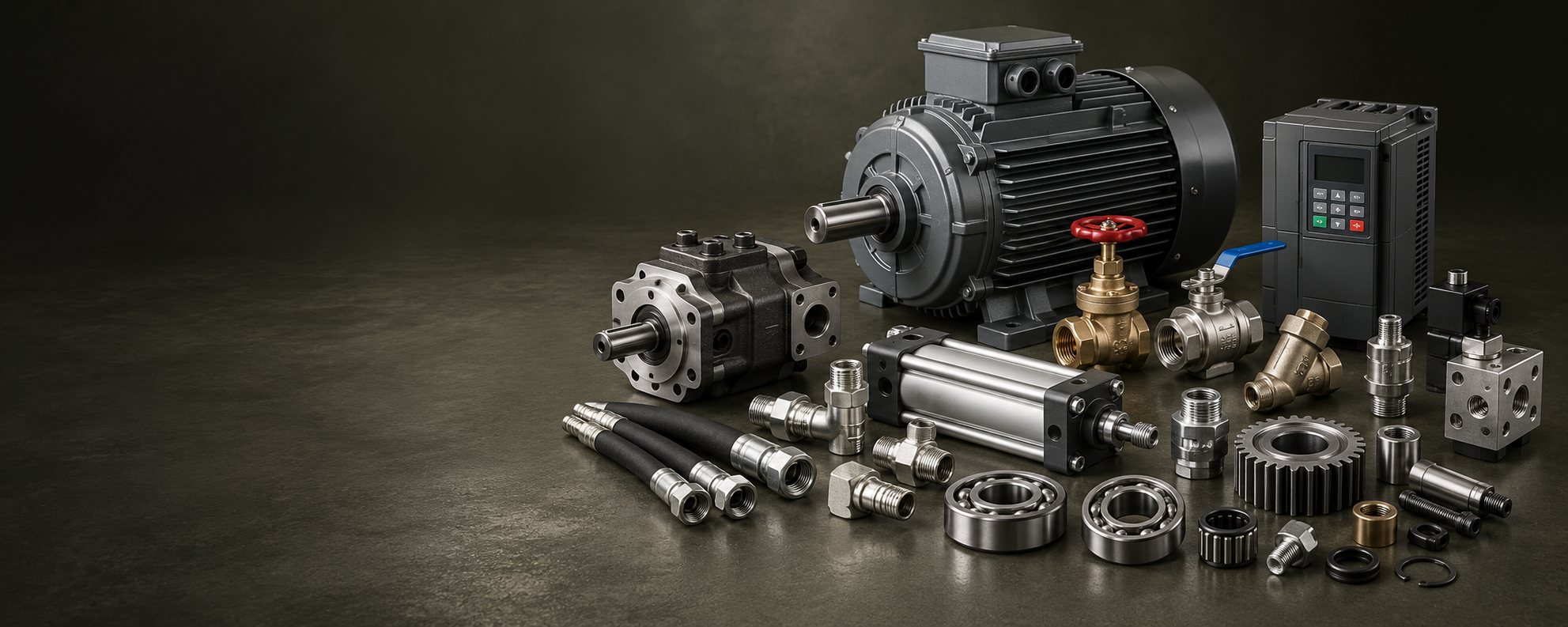 Collection of industrial motors, valves, hydraulic components, pneumatic equipment and spares